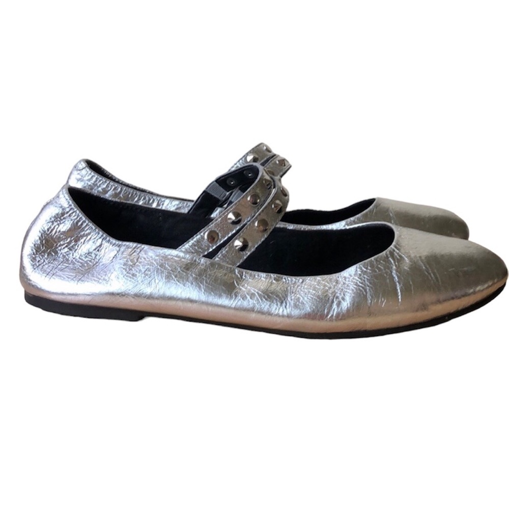 REBECCA MINKOFF Lori Leather silver metallic studded ballet flats size 7.5